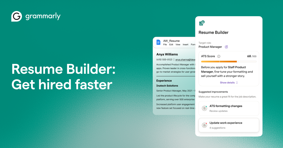 Grammarly writing and editing tool for improving resume content